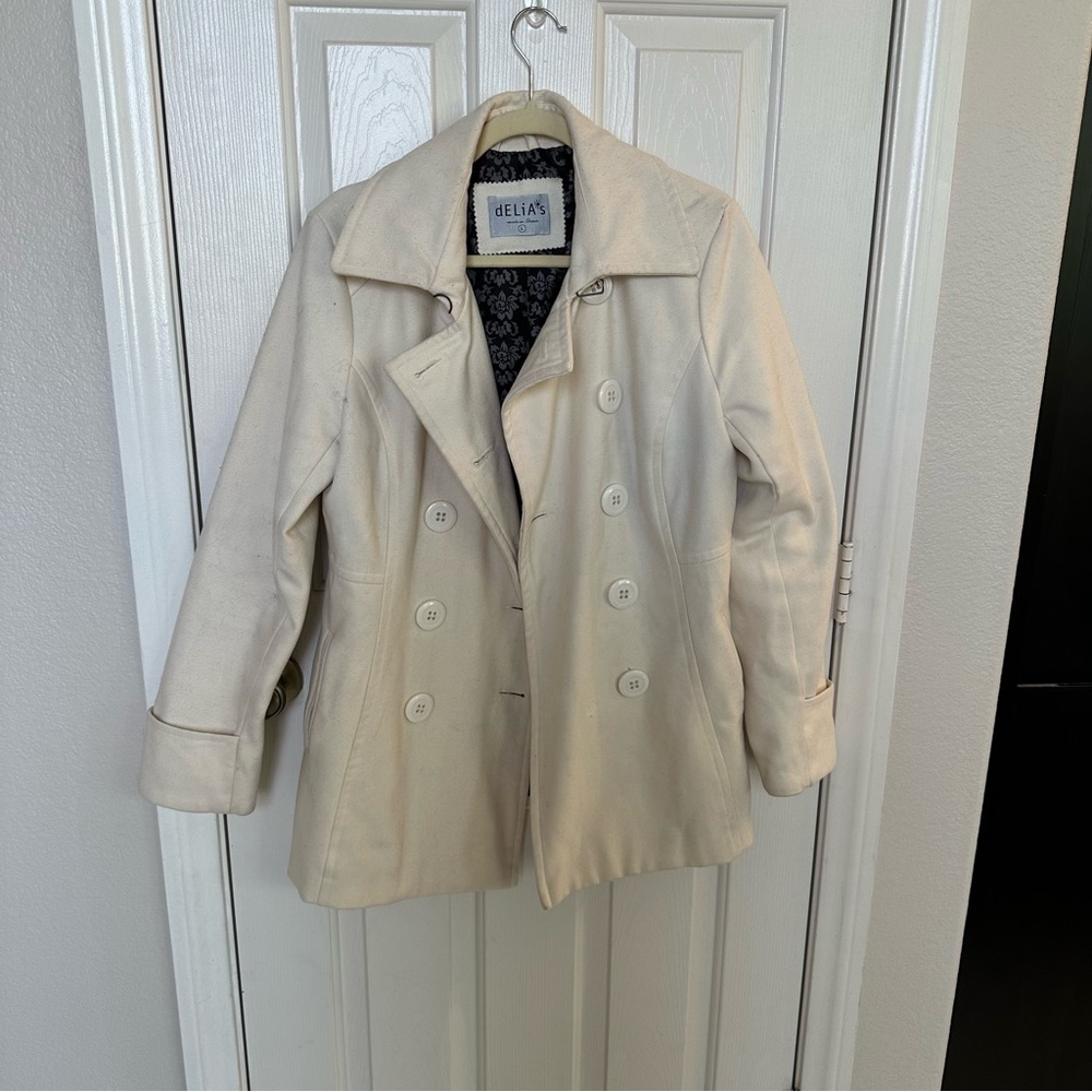 Delia's Double-Breasted Peacoat with Lapel Collard Wool Blend Size Large Cream